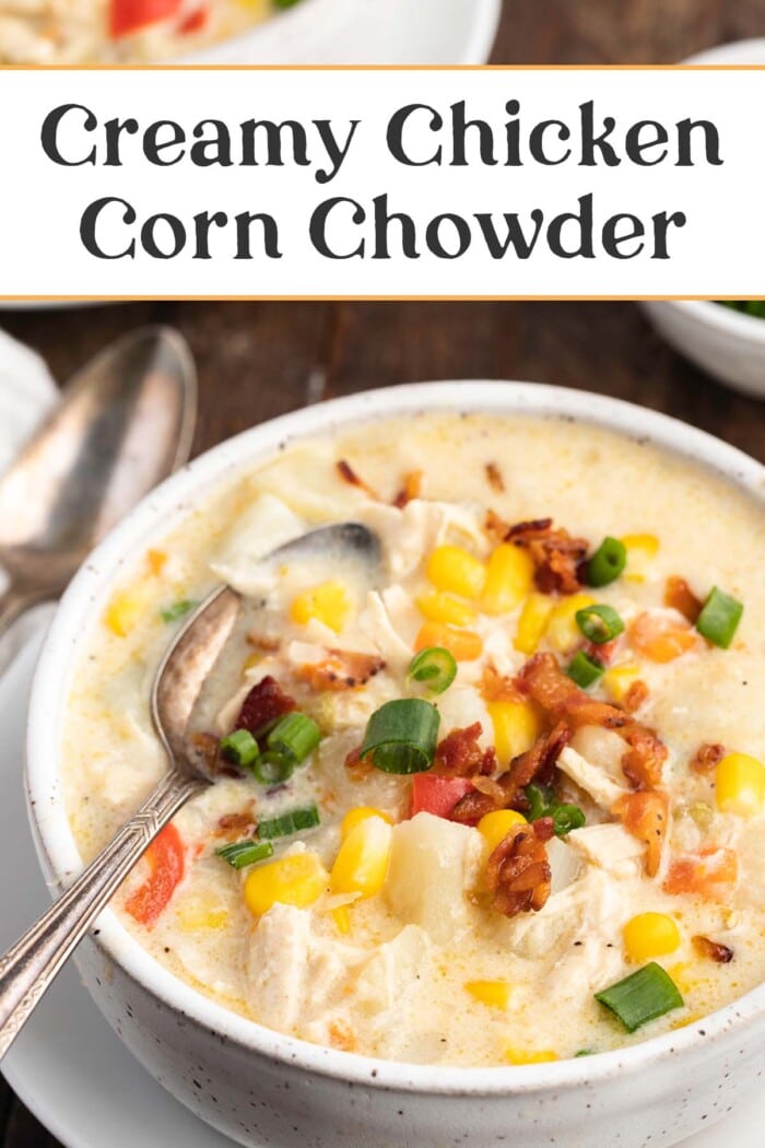 Pin graphic for chicken corn chowder.