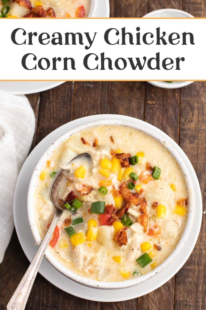 Pin graphic for chicken corn chowder.