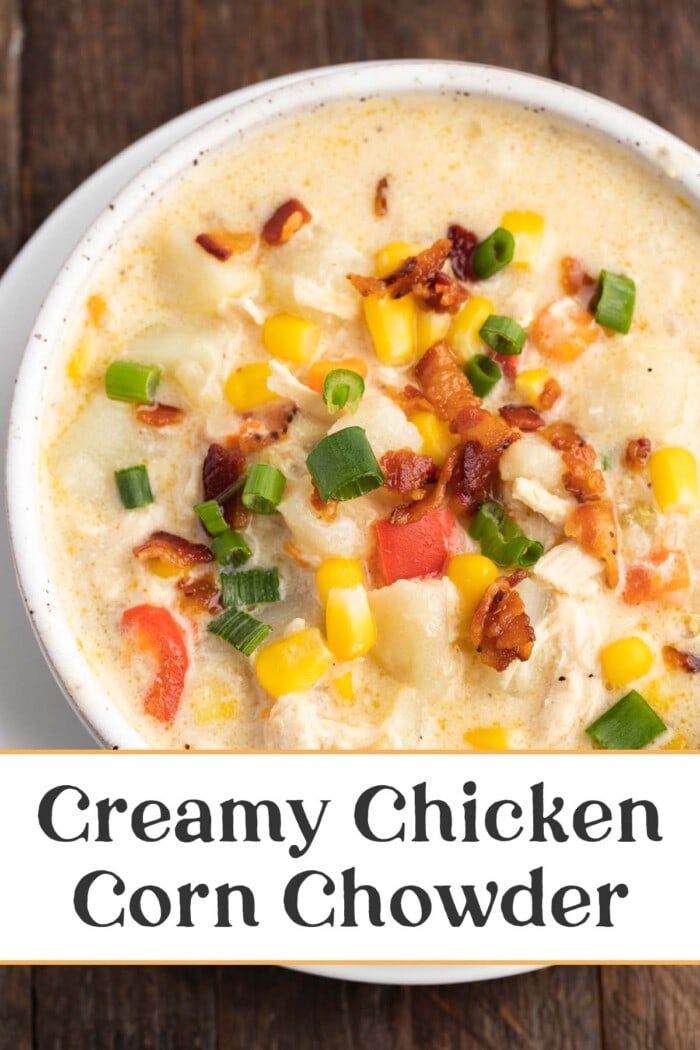 Pin graphic for chicken corn chowder.