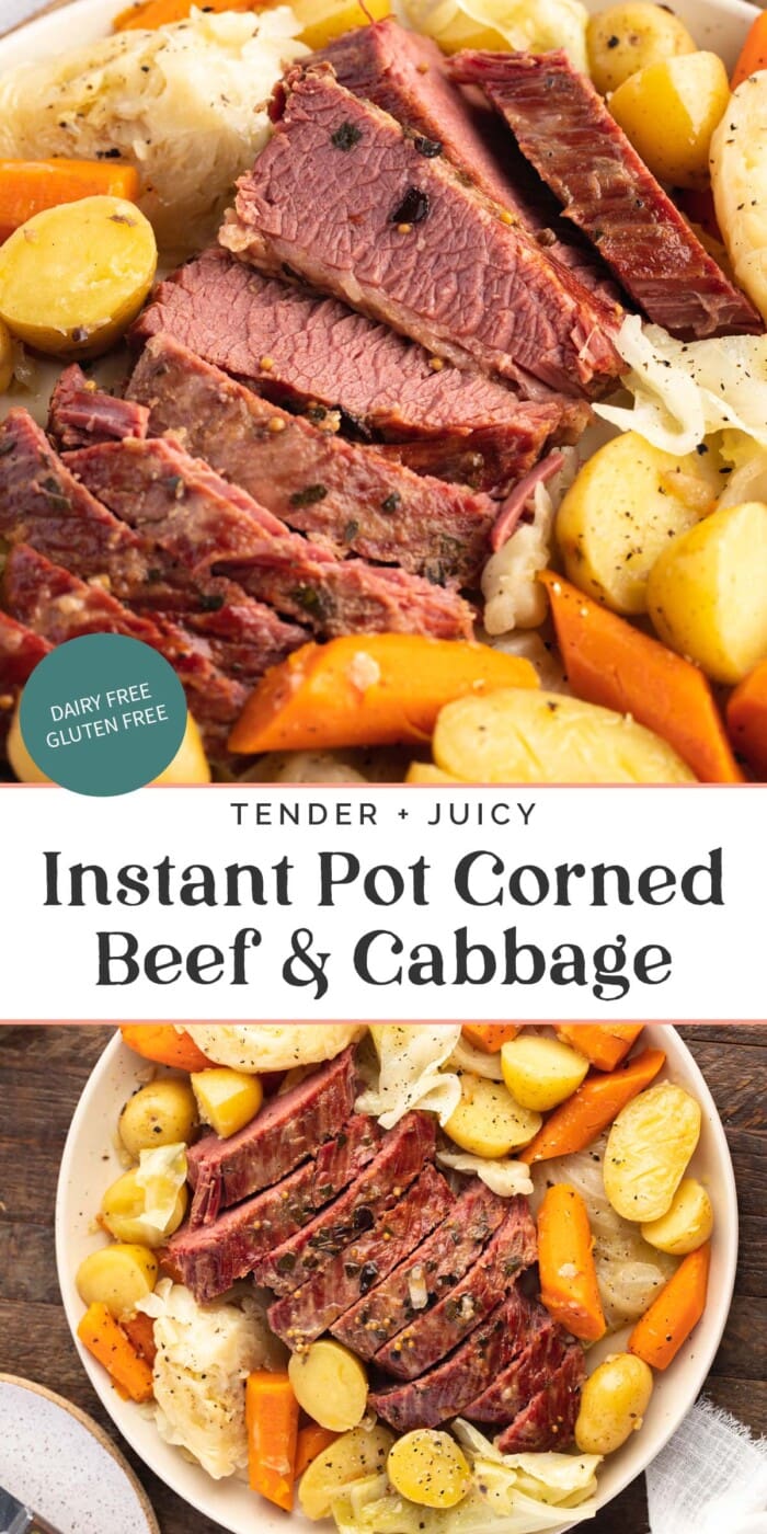 Pin graphic for Instant Pot corned beef and cabbage.