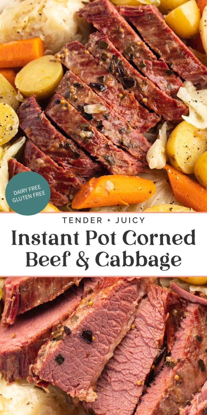 Pin graphic for Instant Pot corned beef and cabbage.