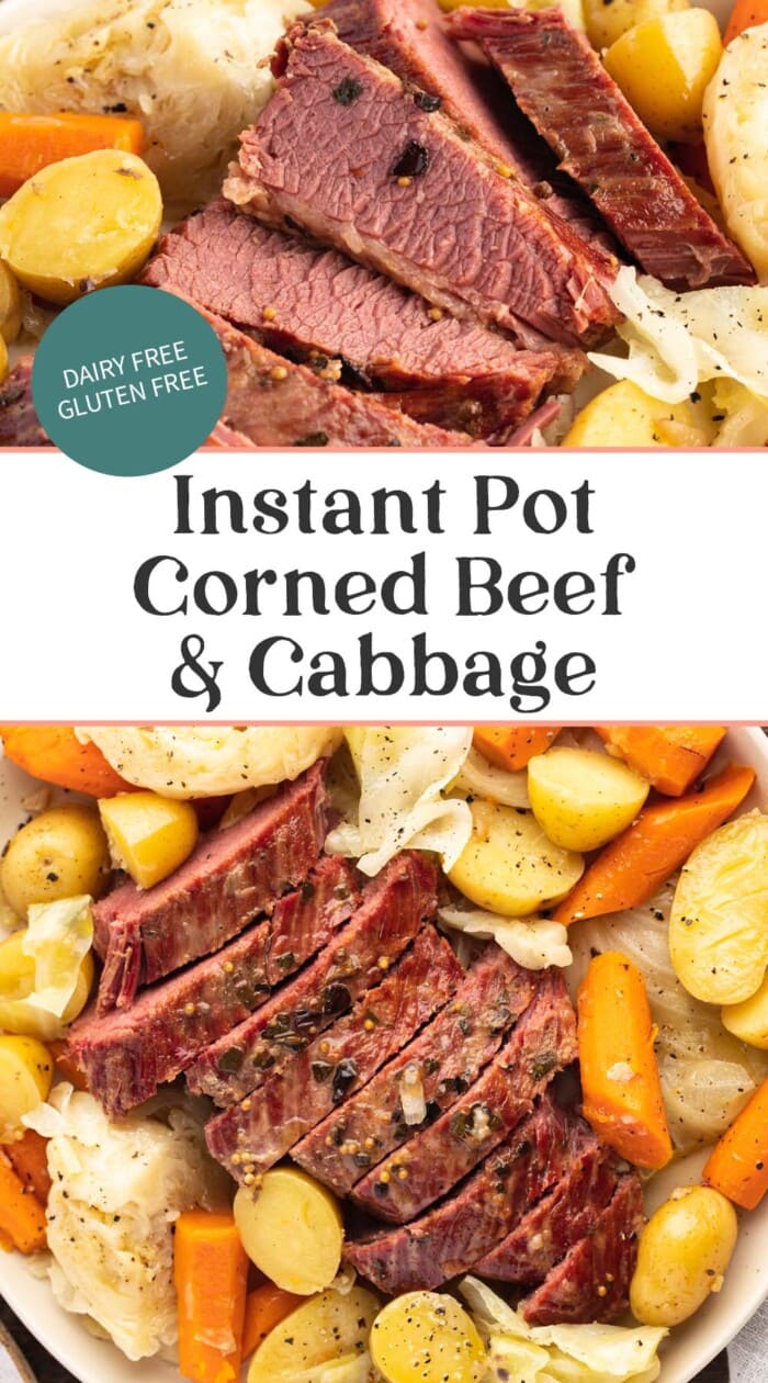 Pin graphic for Instant Pot corned beef and cabbage.