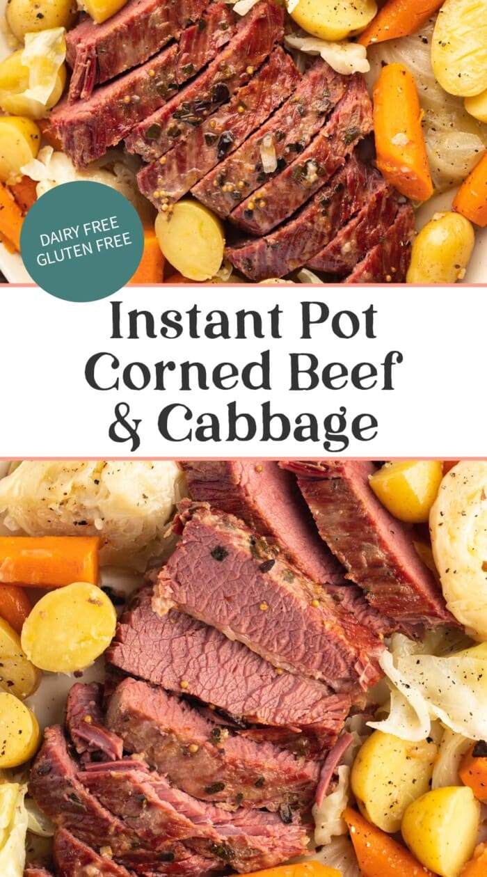 Pin graphic for Instant Pot corned beef and cabbage.