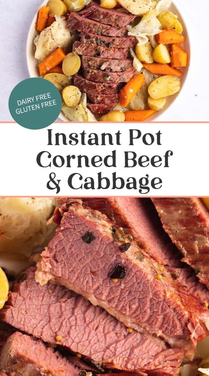 Pin graphic for Instant Pot corned beef and cabbage.