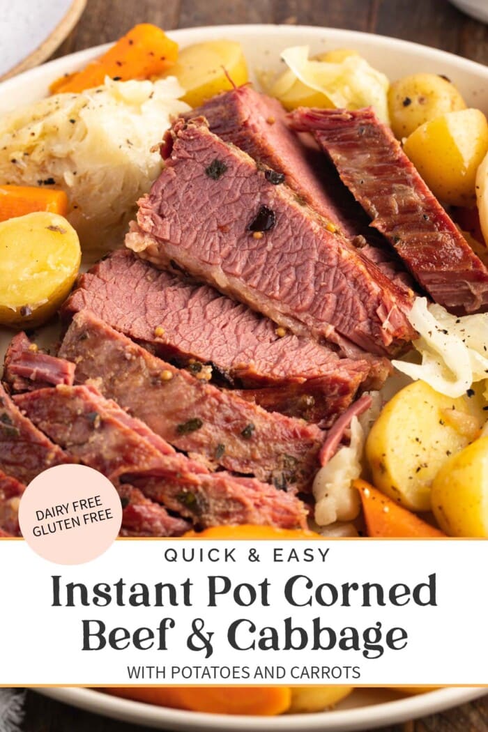 Pin graphic for Instant Pot corned beef and cabbage.