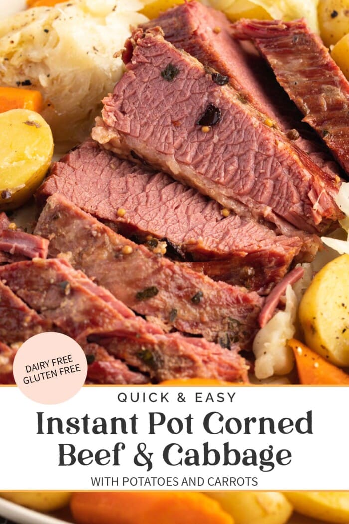 Pin graphic for Instant Pot corned beef and cabbage.