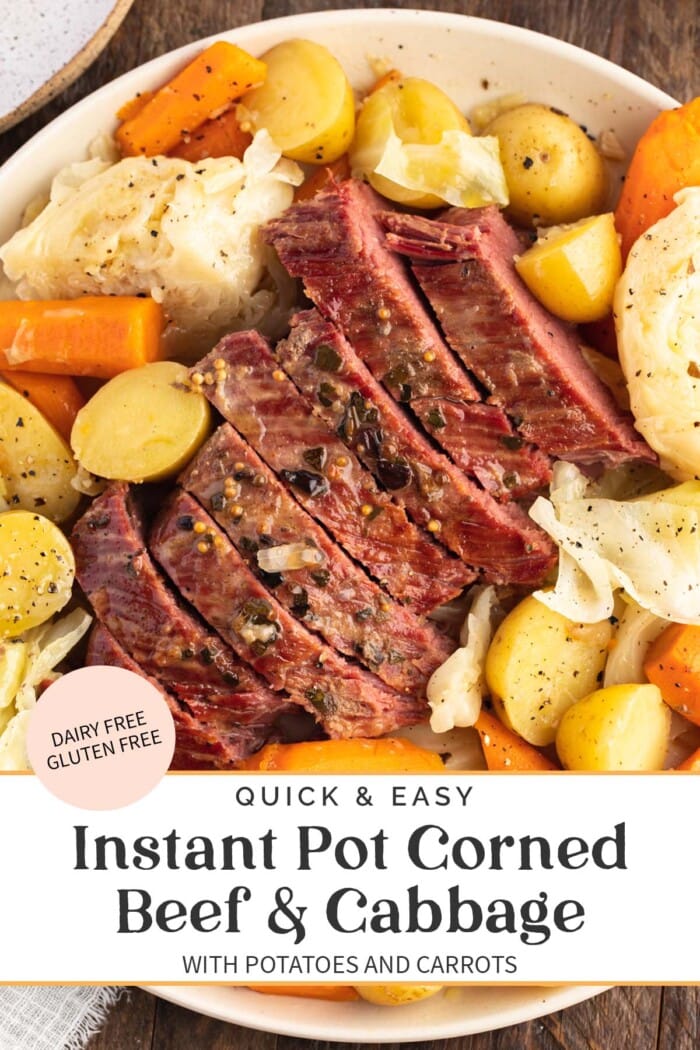 Pin graphic for Instant Pot corned beef and cabbage.