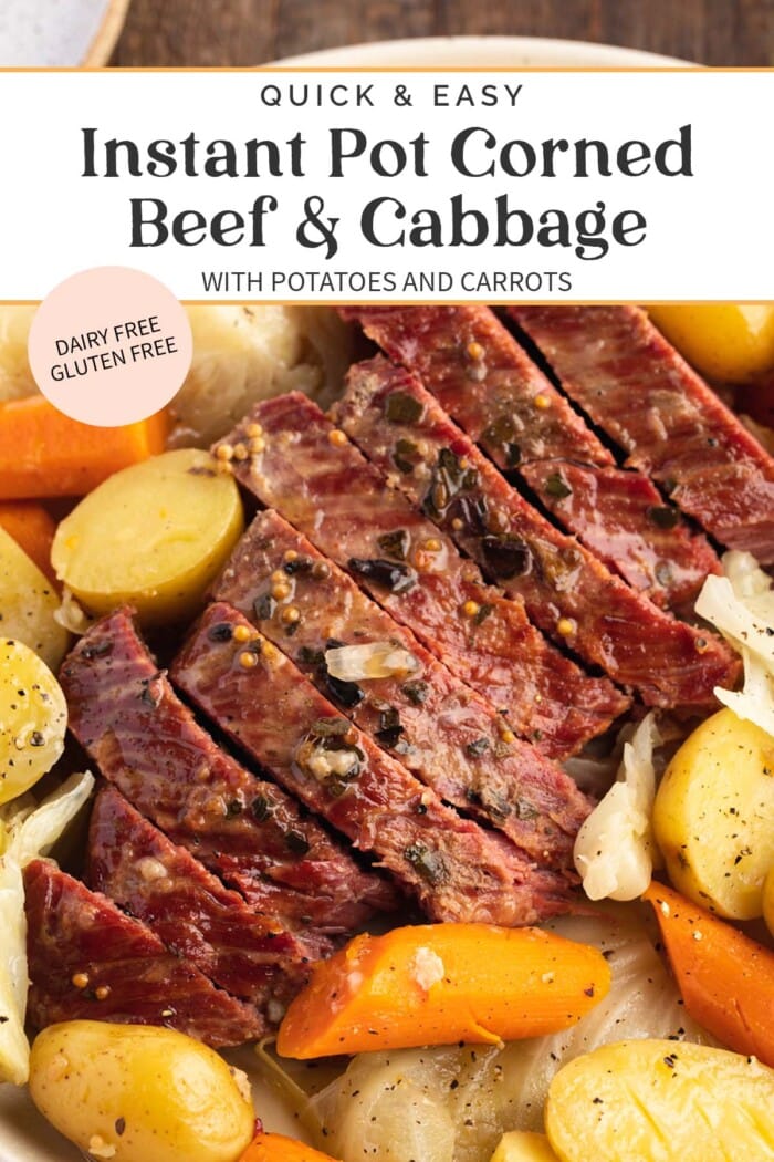 Pin graphic for Instant Pot corned beef and cabbage.