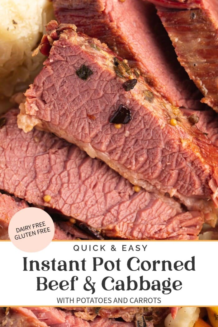 Pin graphic for Instant Pot corned beef and cabbage.