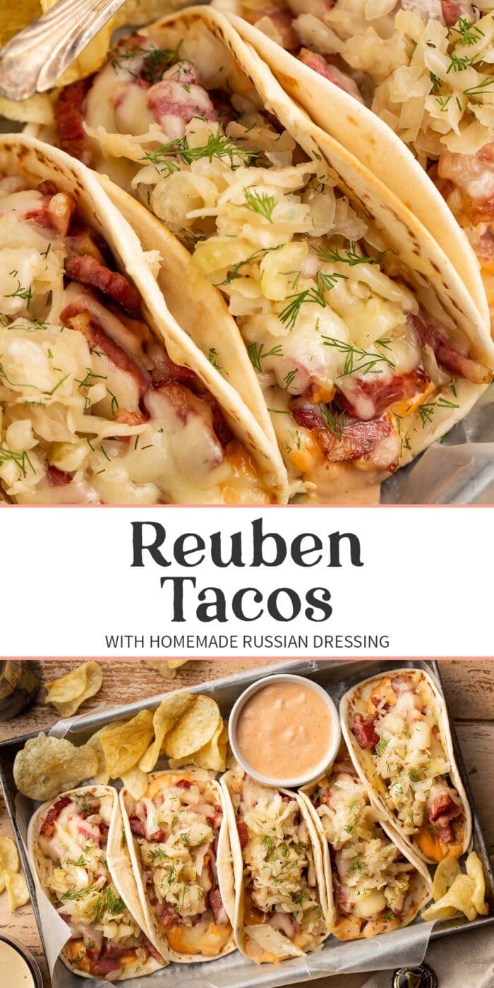 Pin graphic for reuben tacos.