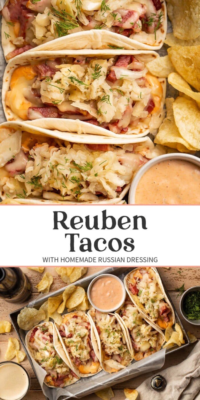 Pin graphic for reuben tacos.