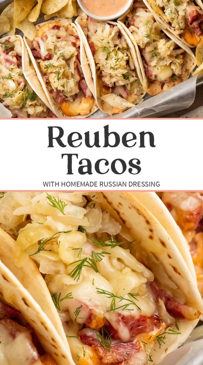 Pin graphic for reuben tacos.