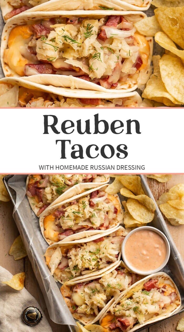 Pin graphic for reuben tacos.