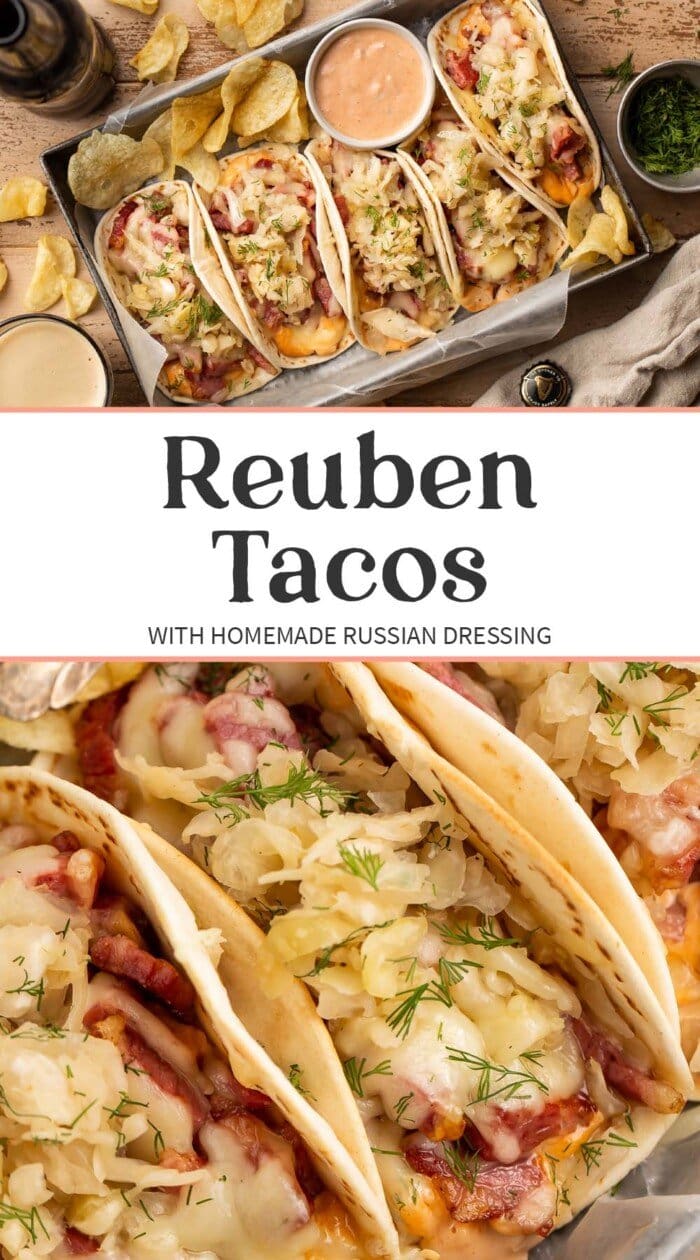 Pin graphic for reuben tacos.