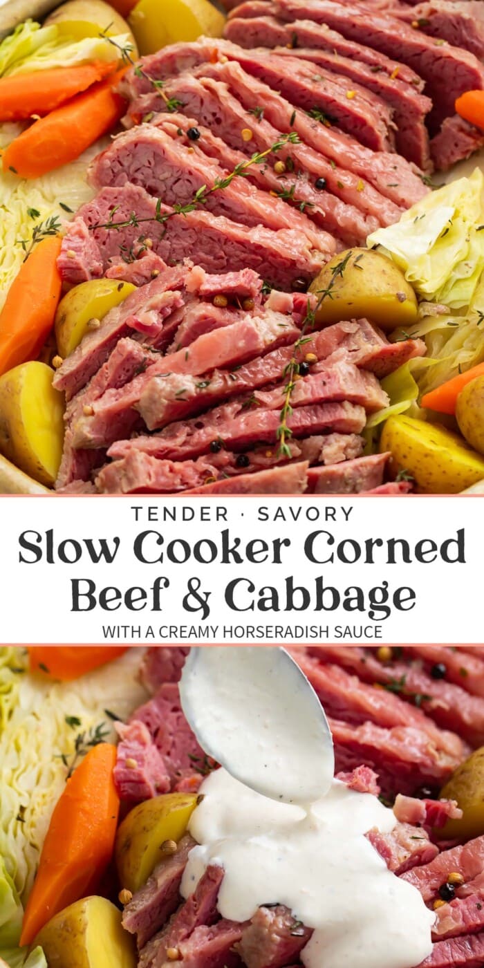 Pin graphic for slow cooker corned beef and cabbage.