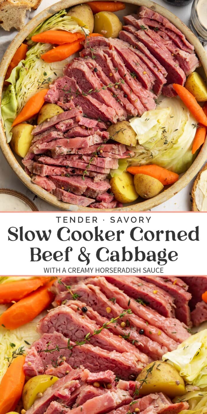 Pin graphic for slow cooker corned beef and cabbage.