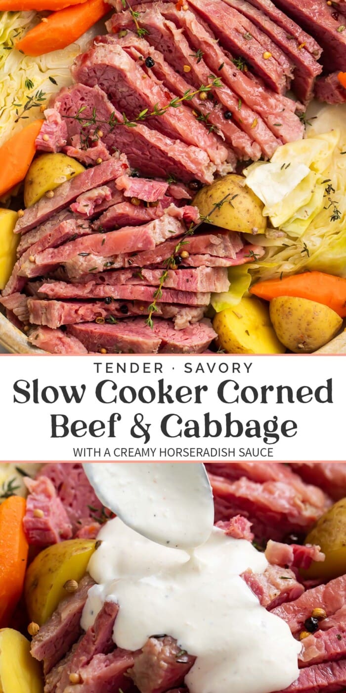 Pin graphic for slow cooker corned beef and cabbage.