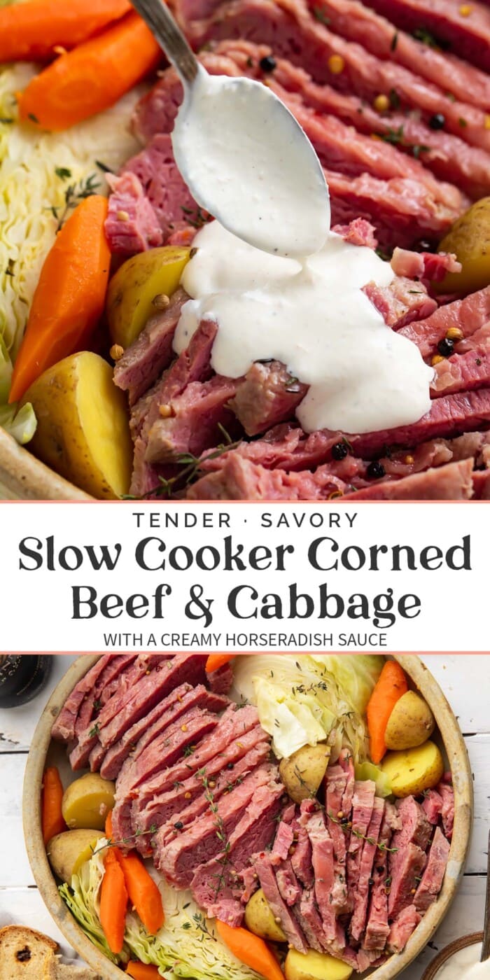 Pin graphic for slow cooker corned beef and cabbage.