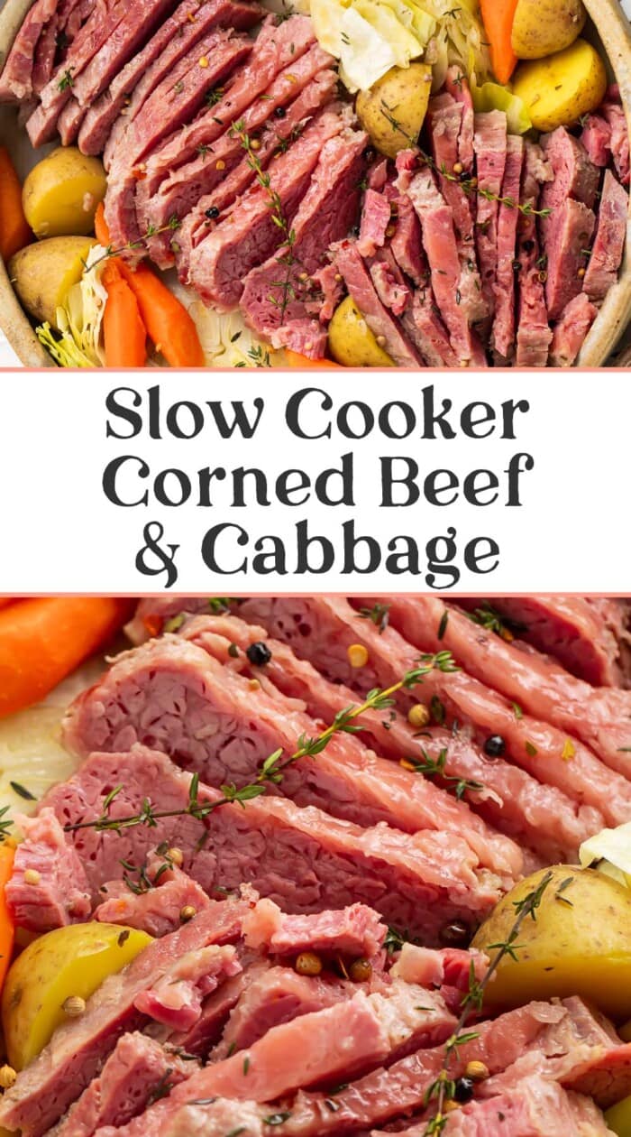 Pin graphic for slow cooker corned beef and cabbage.