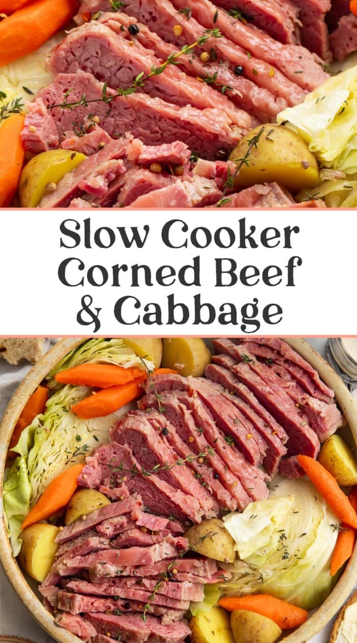 Pin graphic for slow cooker corned beef and cabbage.