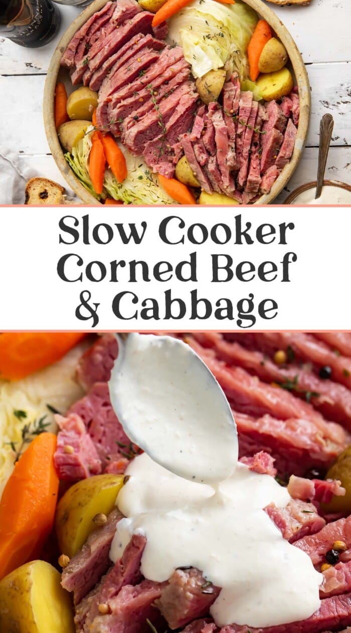 Pin graphic for slow cooker corned beef and cabbage.