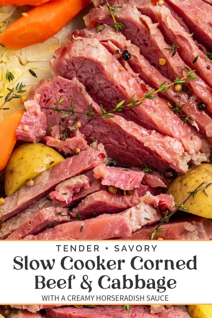 Pin graphic for slow cooker corned beef and cabbage.