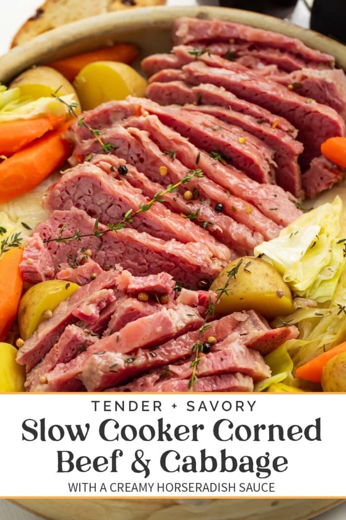 Pin graphic for slow cooker corned beef and cabbage.