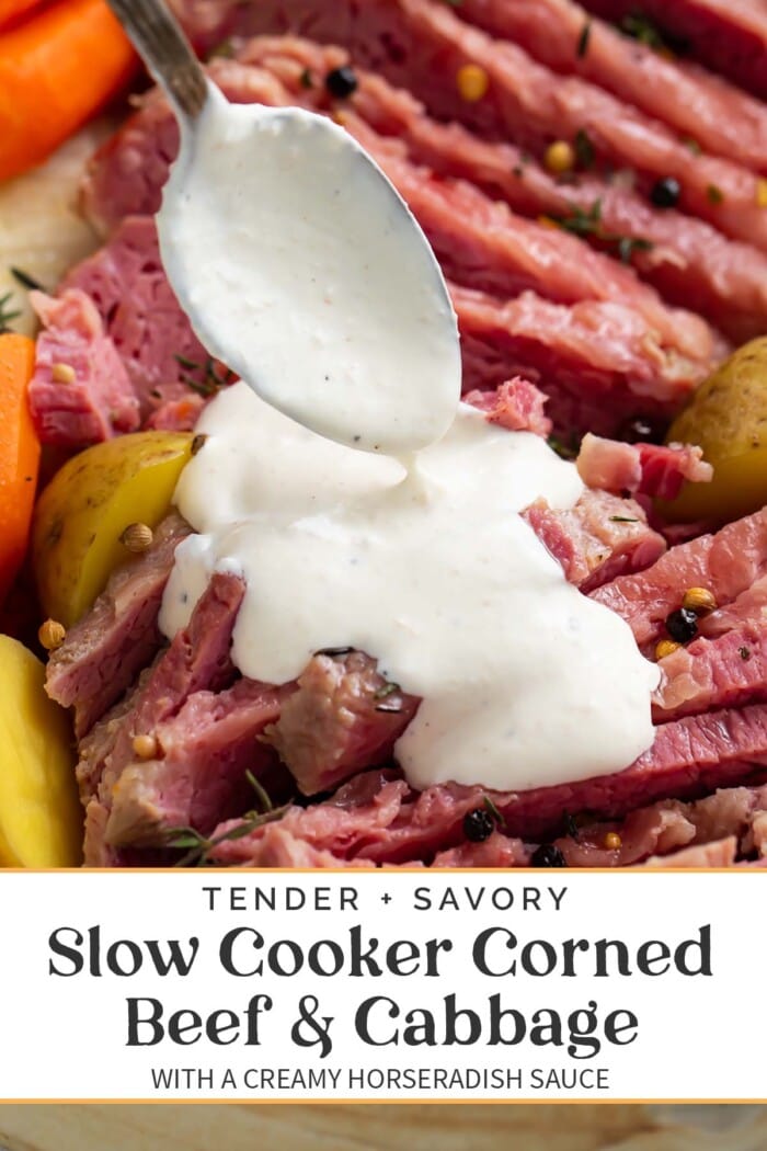 Pin graphic for slow cooker corned beef and cabbage.