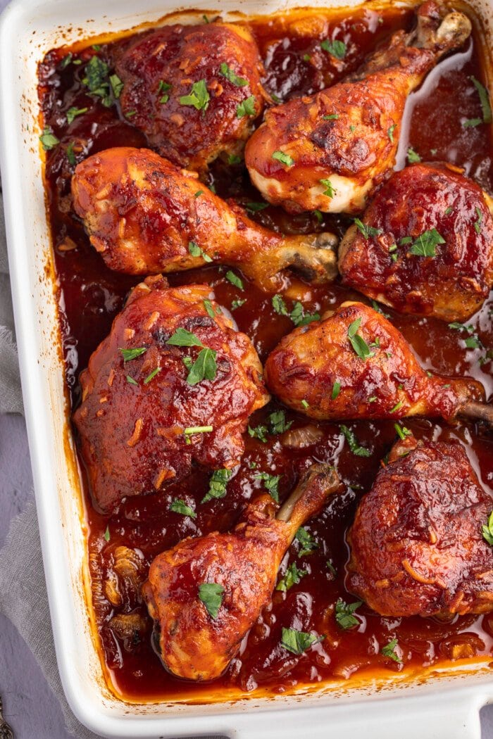 Overhead close up view of celebration chicken in a casserole dish