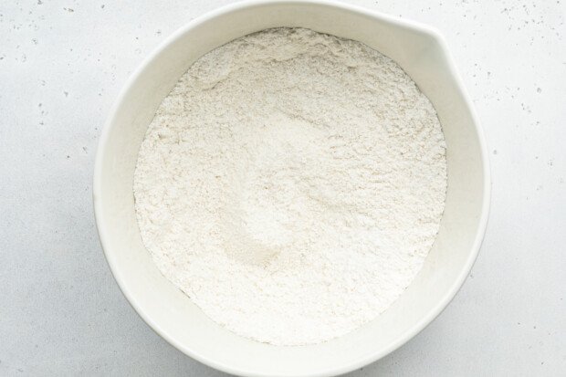 Overhead view of dry ingredients for vanilla gluten-free donuts.