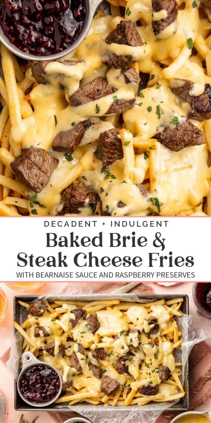 Pin graphic for baked brie and steak cheese fries.