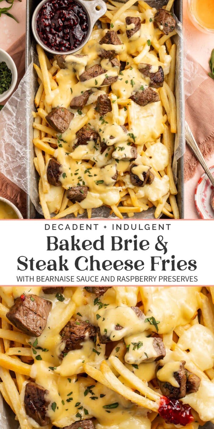 Pin graphic for baked brie and steak cheese fries.