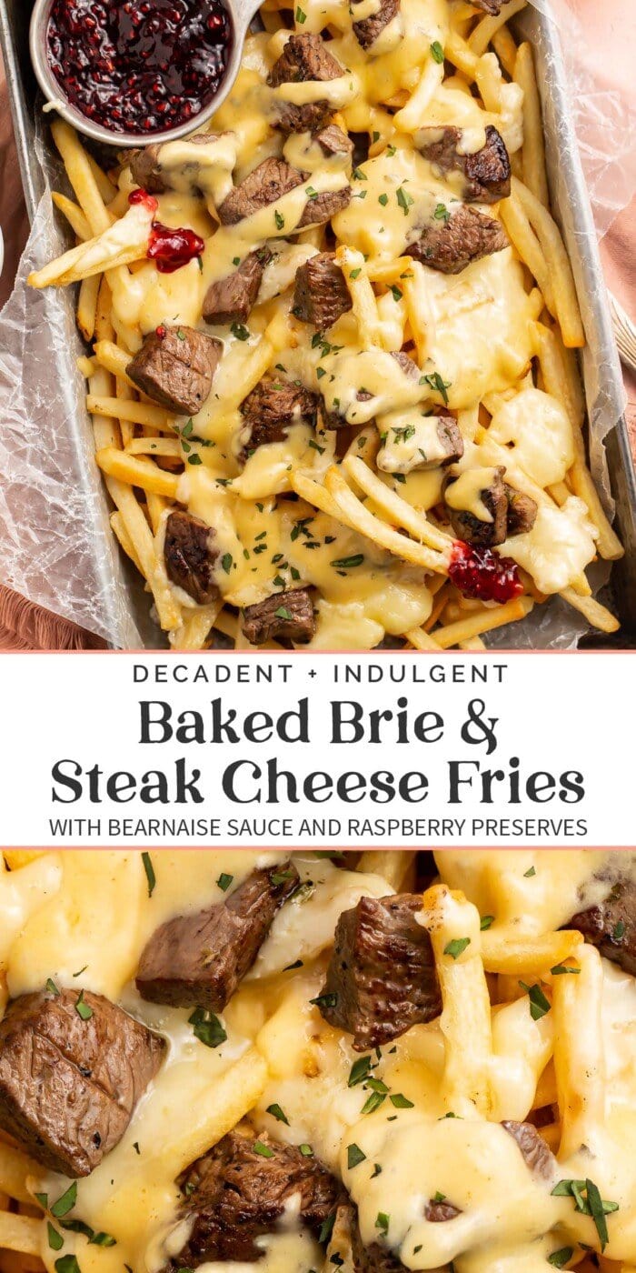 Pin graphic for baked brie and steak cheese fries.