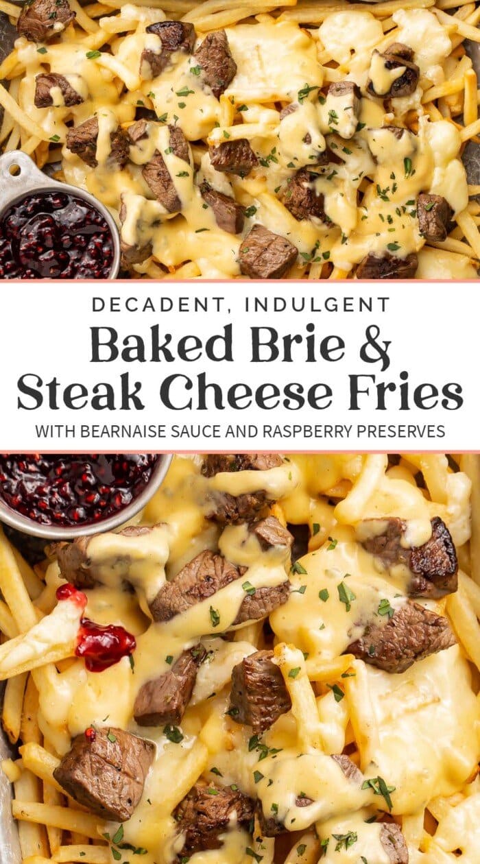 Pin graphic for baked brie and steak cheese fries.