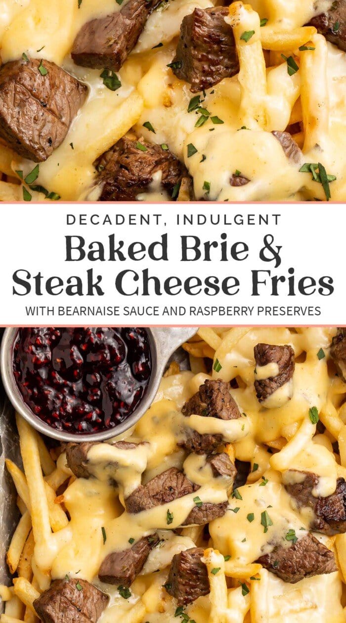 Pin graphic for baked brie and steak cheese fries.