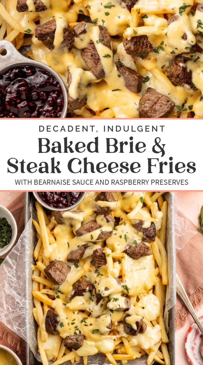 Pin graphic for baked brie and steak cheese fries.