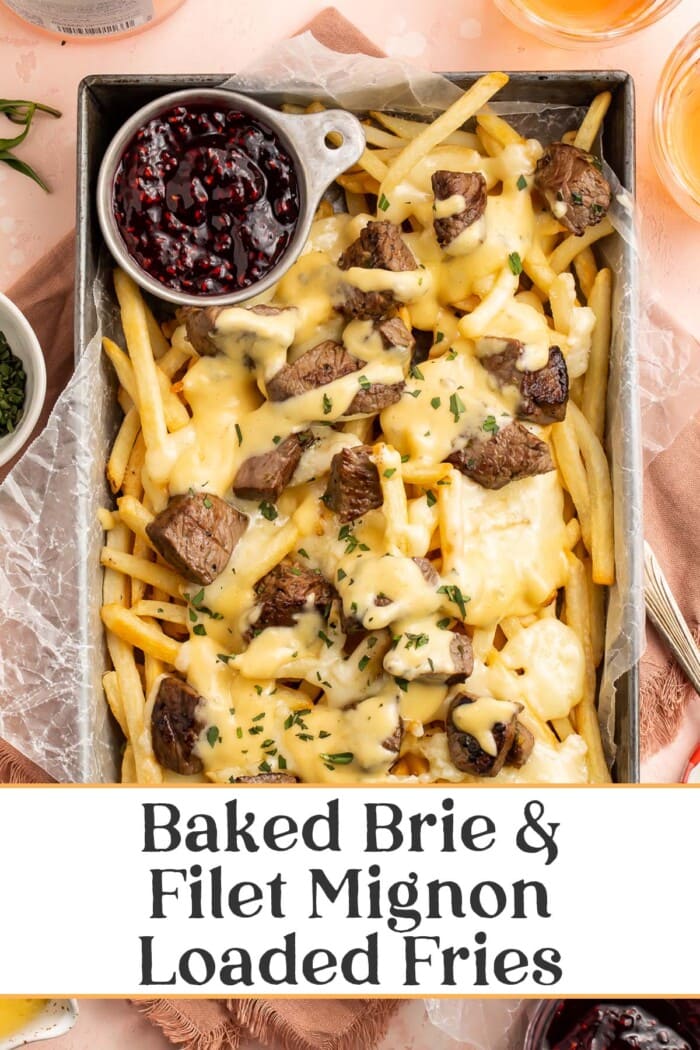 Pin graphic for baked brie and steak cheese fries.