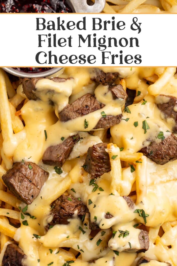 Pin graphic for baked brie and steak cheese fries.