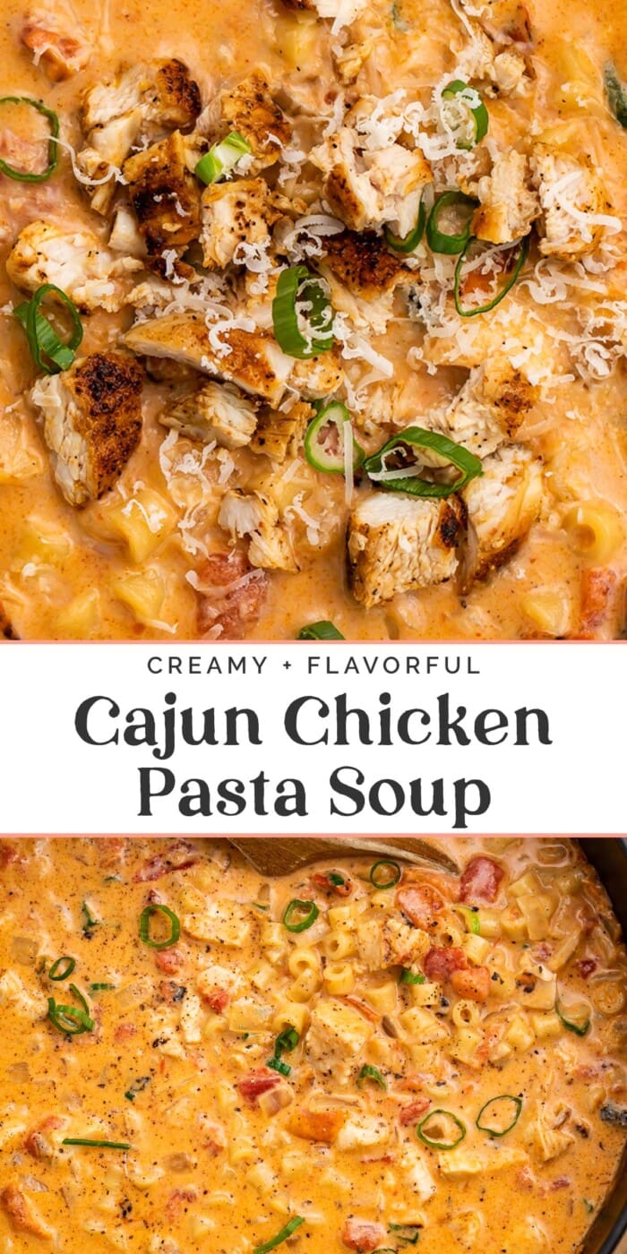 Pin graphic for cajun chicken pasta soup.