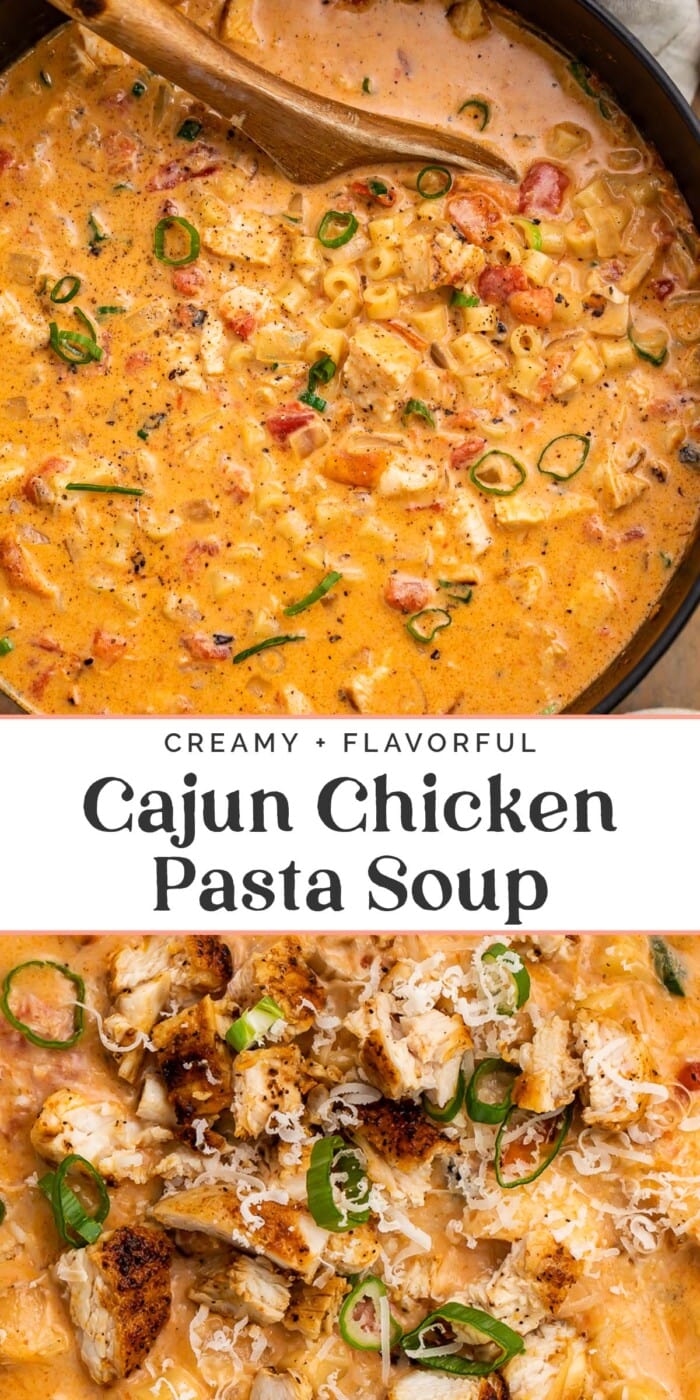 Pin graphic for cajun chicken pasta soup.