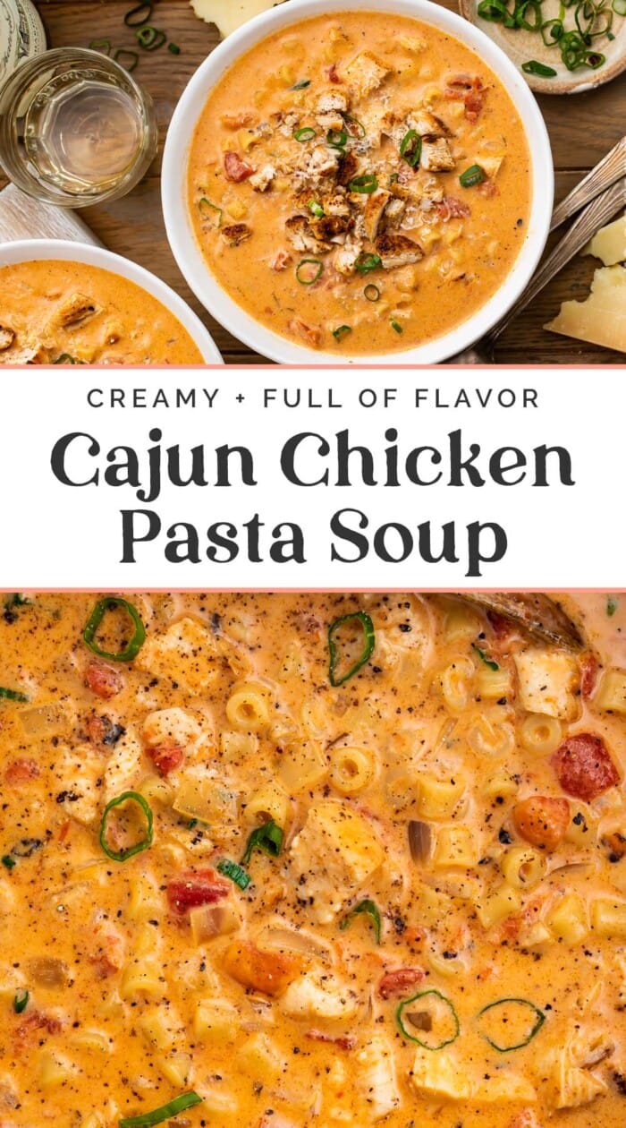 Pin graphic for cajun chicken pasta soup.