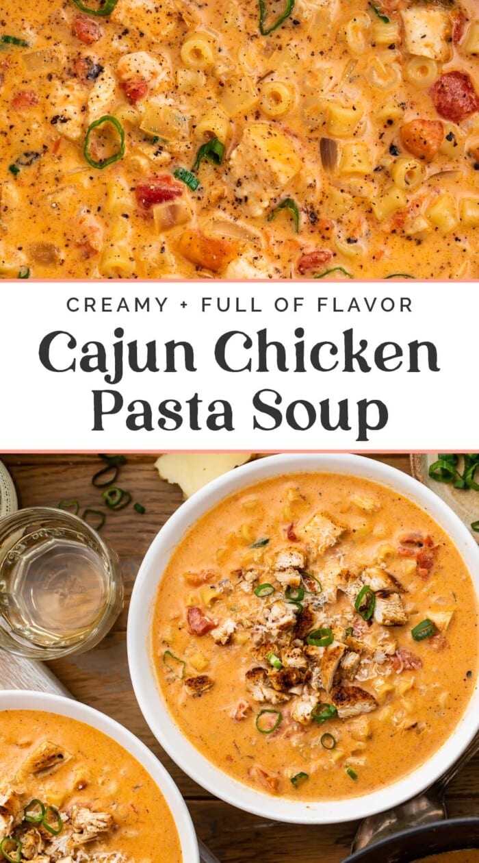 Pin graphic for cajun chicken pasta soup.