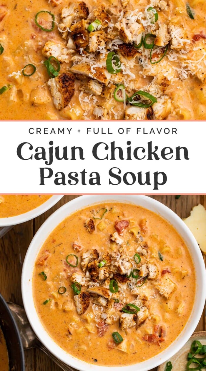 Pin graphic for cajun chicken pasta soup.