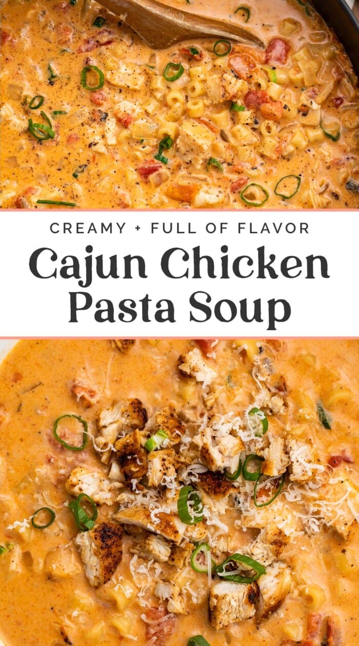 Pin graphic for cajun chicken pasta soup.