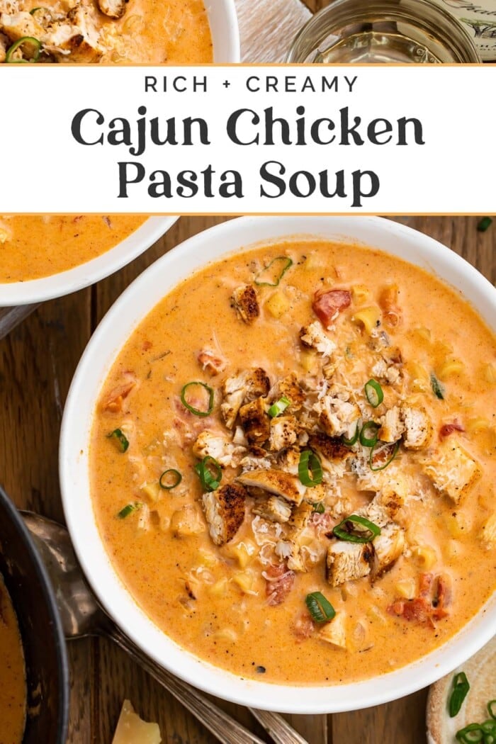 Pin graphic for cajun chicken pasta soup.