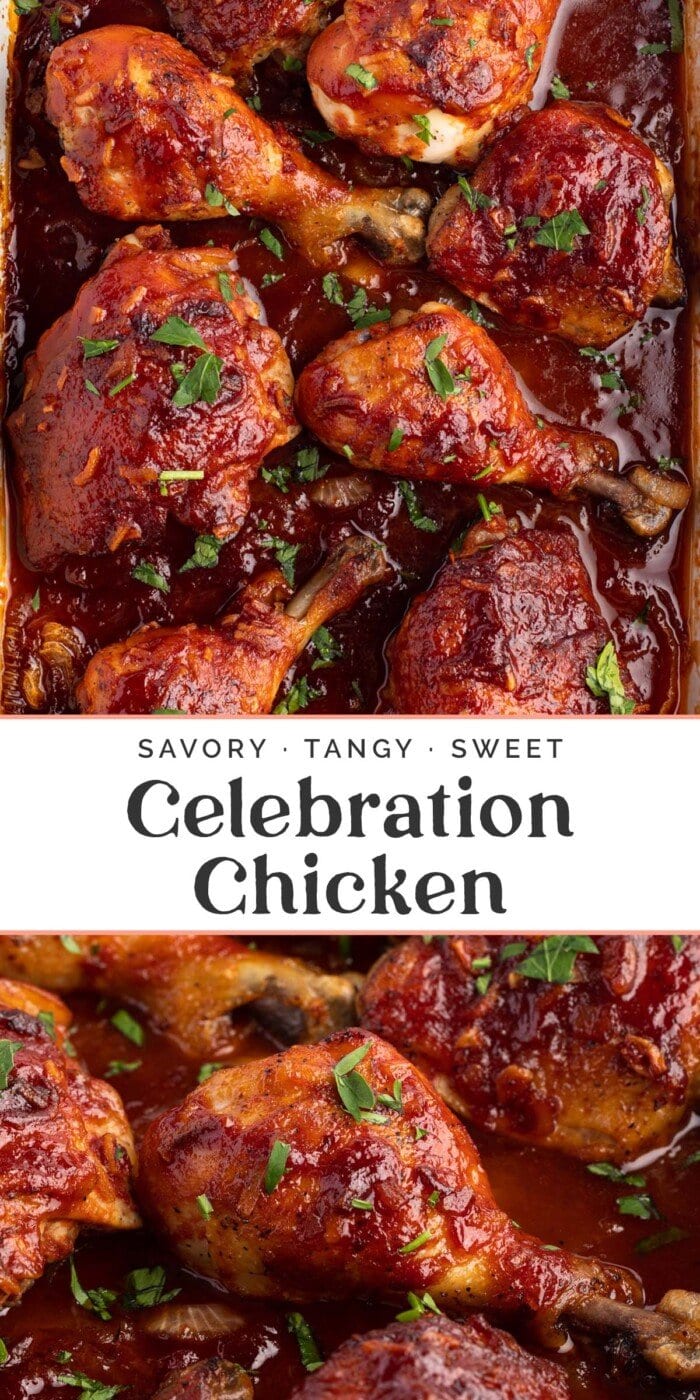 Pin graphic for celebration chicken.