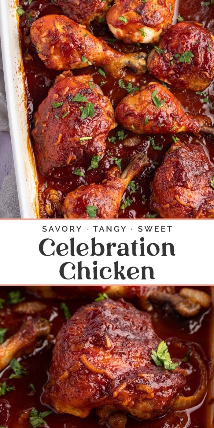 Pin graphic for celebration chicken.