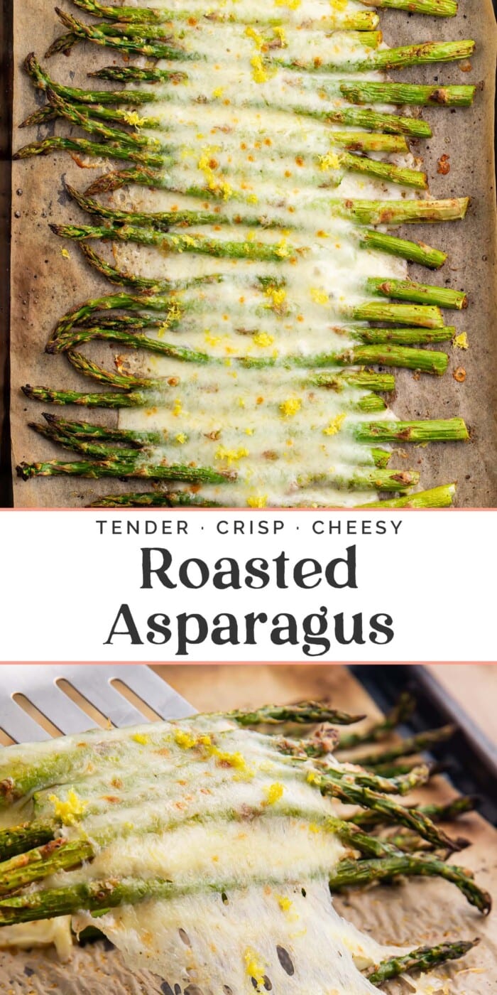 Pin graphic for cheesy roasted asparagus.