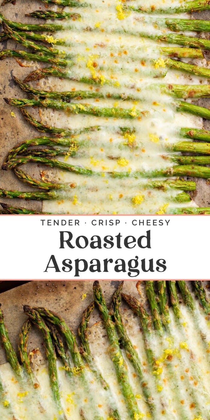 Pin graphic for cheesy roasted asparagus.