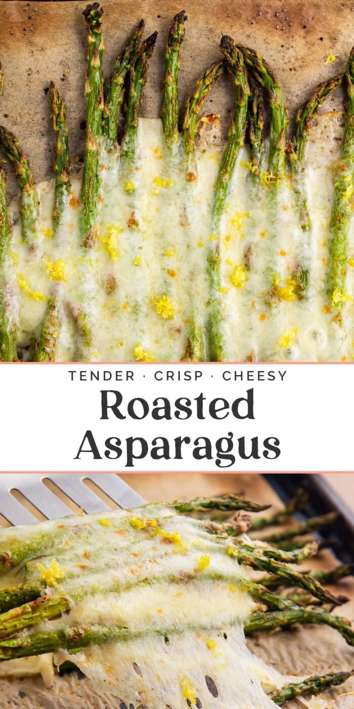 Pin graphic for cheesy roasted asparagus.